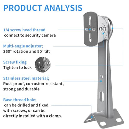 ZT-NET Security Camera Corner Pole Mounting Bracket Stainless Steel | Mount with Extension Arm for Surveillance Systems Compatible with CCTV IP Cameras Indoor and Outdoor (Not Included Camera)