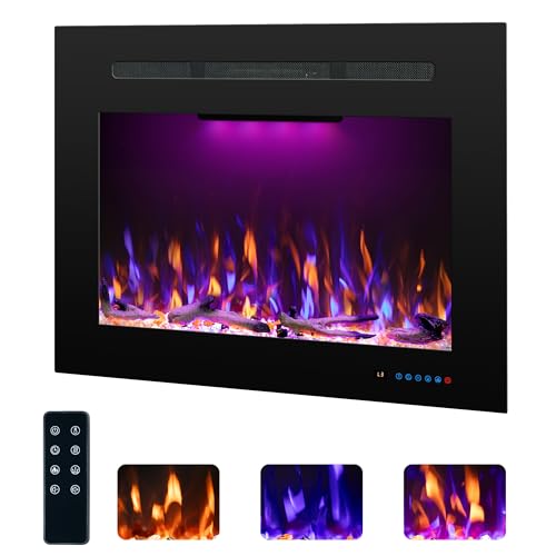 Electric Fireplace Inserts with 3 Flame & Top Light Color, Recessed Fireplace Heater with Thermostat, 750/1500W, Crackling Sound, Logs & Crystals, Timer, 32.2" W x 19.6" H Rear - size: 36"W21"H