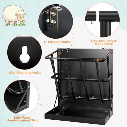 2-in-1 Wall Mount Goat Hay Feeder Rack with Grain Tray, Heavy-Duty Galvanized Steel Livestock Feeder for Goats Sheep Horses - color: Black