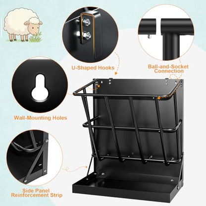 2-in-1 Wall Mount Goat Hay Feeder Rack with Grain Tray, Heavy-Duty Galvanized Steel Livestock Feeder for Goats Sheep Horses - color: Black