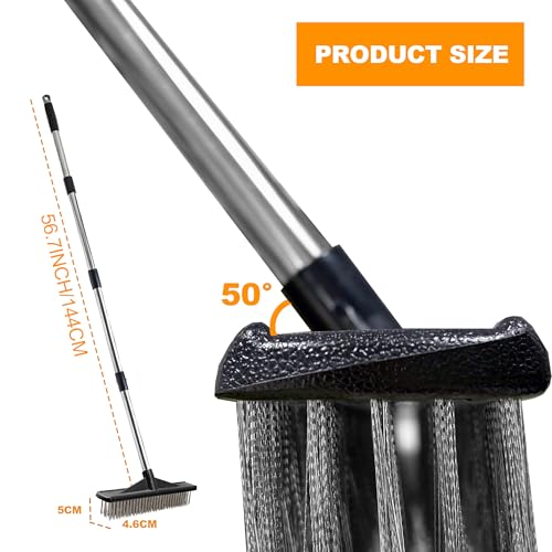 Heavy Duty Floor Scrub Brush Stainless Steel Wire Floor Scrubber with Long Handle Stiff Bristles Outdoor Push Broom for Cleaning Deck,Concrete,Patio,Boat,Moss Removal