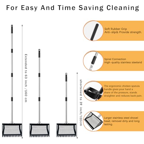 12" Metal Chicken Poop Scooper Rake for Sand with 24 to 68" Handle, Adjustable Chicken Poop Scooper for Poop,Wide 10”Poop Shovel Cleaning Tools, Heavy Duty Sifting Shovel (Black Max) - color: Black Max