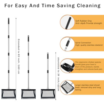 12" Metal Chicken Poop Scooper Rake for Sand with 24 to 68" Handle, Adjustable Chicken Poop Scooper for Poop,Wide 10”Poop Shovel Cleaning Tools, Heavy Duty Sifting Shovel (Black Max) - color: Black Max