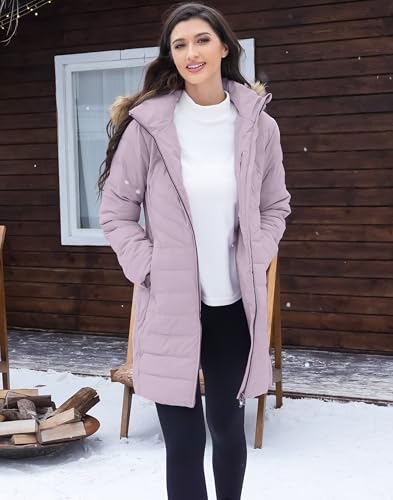Pioneer Camp Women's Winter Coats Warm Thicken Long Puffer Jacket Waterproof Quilted Parka with Removable Faux Fur Hood - color: Pink Haze, size: Small