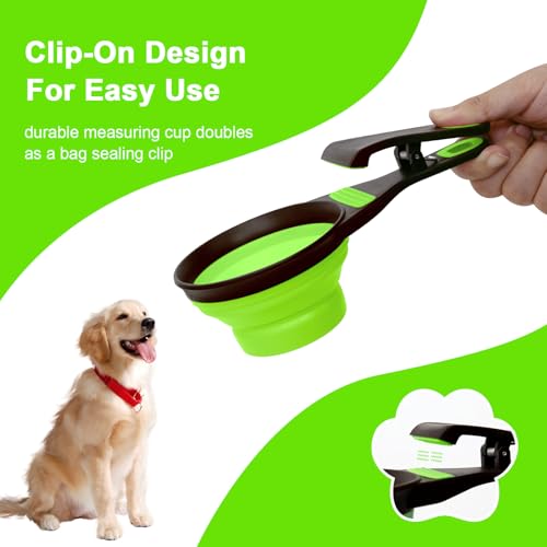 Collapsible Silicone Dog Food Scoop Foldable Pet Food Measuring Cup with Bag Clip 3 in 1 Multi-Function Silicone Dog Food Scooper (Green, Medium) - color: Green, size: Medium