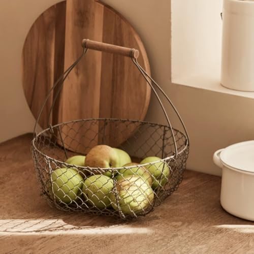 Farmhouse Wire Egg Basket for Collecting Fresh Eggs with Handles, Round Metal Egg Collection Basket, Countertop Egg Storage Basket(Medium)