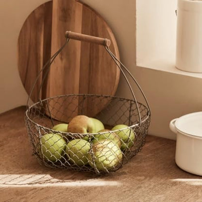 Farmhouse Wire Egg Basket for Collecting Fresh Eggs with Handles, Round Metal Egg Collection Basket, Countertop Egg Storage Basket(Medium)
