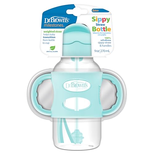 Dr. Brown's Wide-Neck Sippy Straw Bottle with Handles, Green, 9oz/270ml, 1-Pack - color: Green, size: 1 Count (Pack of 1)