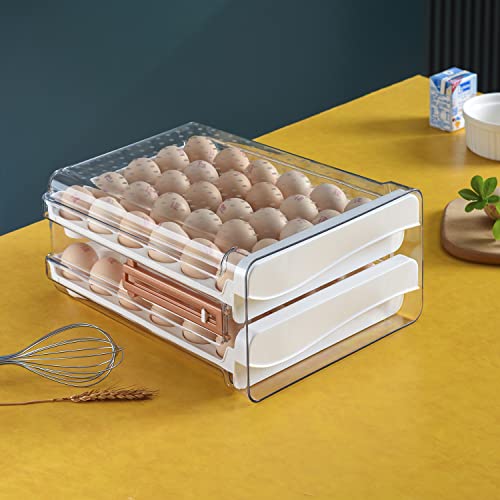 Sooyee 60 Capacity Egg Container for Refrigerator, Household Egg Holder with Time Memory, Transparent 2 Drawers Chicken Egg Storage Container, White - size: 60 Capacity