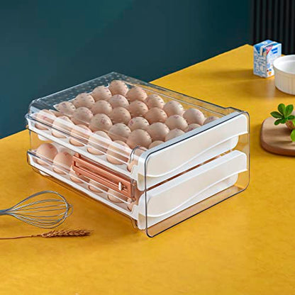 Sooyee 60 Capacity Egg Container for Refrigerator, Household Egg Holder with Time Memory, Transparent 2 Drawers Chicken Egg Storage Container, White - size: 60 Capacity
