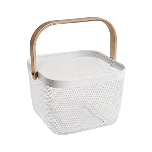 Metal Mesh Steel Harvest Basket, Square Wire Garden Basket with Handle – Multi-Functional Storage Organizer for Gathering Vegetables, Fruits, Kitchen, Garden, Picnic & Cabinet (White) - color: White-Square