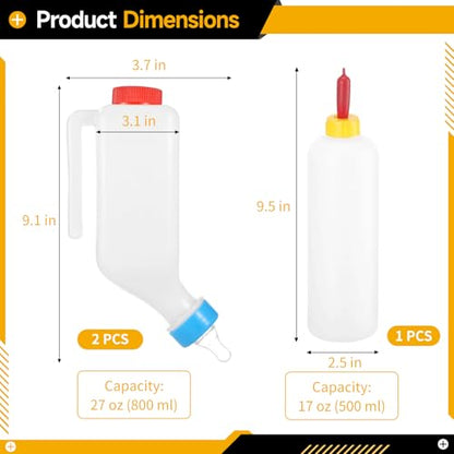 3 PCS Lamb Feeding Bottles, 27 oz Hanging & 17 oz Handheld Feeders with Silicone Pacifiers, Built-in Scale, for Goat, Lamb, Fawn, Piglet, Kitten, Puppy