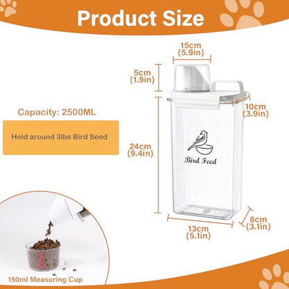 Bird Seed Storage Container Airtight | 3 Qt/2.5 L Clear Plastic Bird Food Container Portable-with Measuring Cup/Lid|Pet Food Storage Container |Wild Bird Seed Dispenser|BPA Free - color: Bird Feed