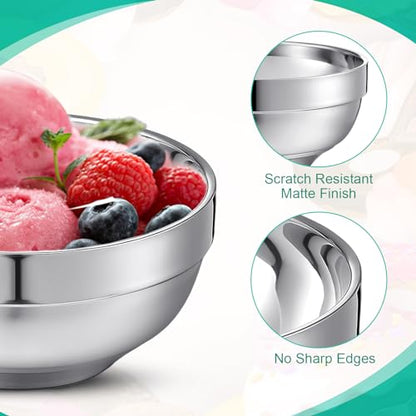 Funnymoom 8 Pack 24 oz Stainless Steel Bowls Double Walled Insulated Soup Ice Cream Metal Mixing Nesting Bowls for Serving Soup Rice Cereal (304 Stainless Steel) - size: 24 oz
