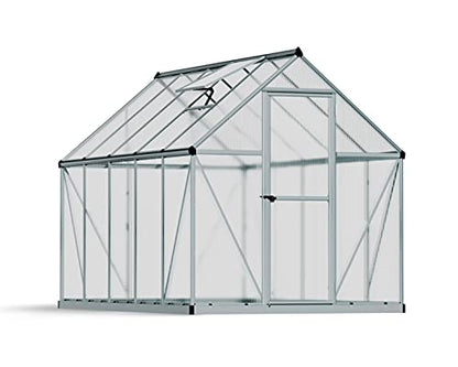 Palram - Canopia 6x10 Greenhouse Kit, Hobby Walk-In Twin-Wall UV Polycarbonate Heavy Duty Aluminum Frame, Lockable Door, Adjustable Roof Vent, Rain Gutters, Galvanized Steel Base, Mythos (Silver) - color: Silver, size: 6 Ft. x 10 Ft.