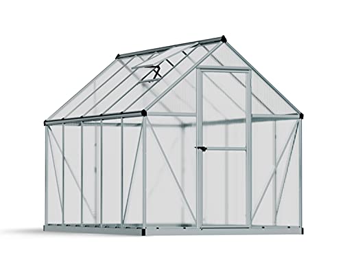 Palram - Canopia 6x10 Greenhouse Kit, Hobby Walk-In Twin-Wall UV Polycarbonate Heavy Duty Aluminum Frame, Lockable Door, Adjustable Roof Vent, Rain Gutters, Galvanized Steel Base, Mythos (Silver) - color: Silver, size: 6 Ft. x 10 Ft.