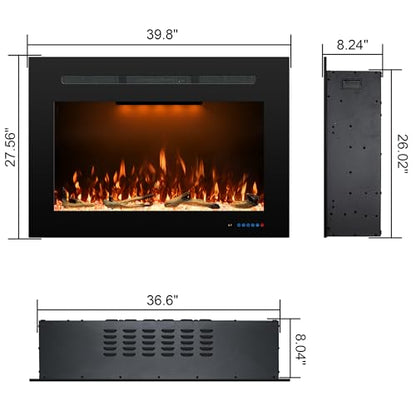 36.6" W Rear Electric Fireplace Inserts with 3 Flame & Top Light Color, Recessed Fireplace Heater with Thermostat, 750/1500W, Crackling Sound, Logs & Crystals, Timer, No Wall Mount - size: 40"W27"H