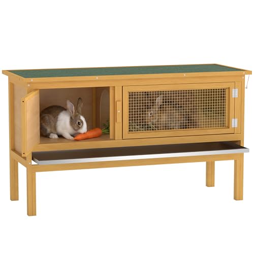 PawHut Wooden Rabbit Hutch Bunny Cage with Openable Waterproof Roof, No Leak Tray Sturdy Fir Wood Build for Indoor/Outdoor
