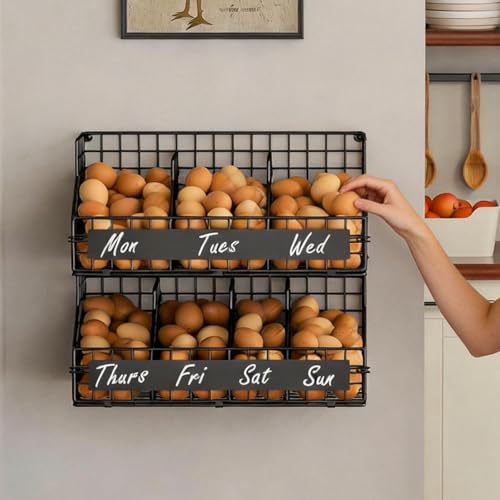 keomaisyto Egg Holder Countertop with 5 Dividers & DIY Labels to Separate Eggs, 2-Tier Stackable Wire Baskets, XXL Egg Basket for Gathering Fresh Eggs - Egg Organizer for Wall-Mounted(Patent Pending) - color: Black, size: 2-Tier X-Large