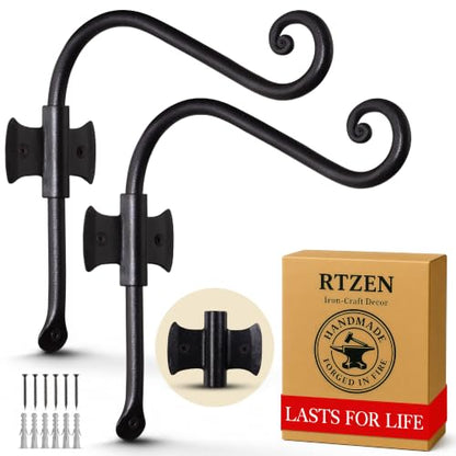 RTZEN Plant Hangers Outdoor or Indoor - Wrought Iron Metal Hanger Indoor Hook - Heavy Duty Wall Bracket Hooks for Hanging Plants Baskets Lanterns Bird Feeders - 2 Pack (Black Axe-Shape Hooks 7.5") - size: 7.5 Inch, style: Axe Hooks