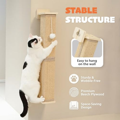 PETKARAY Wall Mounted Cat Scratcher, 30" Large Sisal Cat Scratcher for Wall, Square Sisal Cat Scratching Post with Toy Ball - size: Wall Post