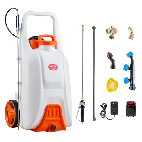 VEVOR 13.1 Gallon Battery Powered Sprayer with Wheels, Adjustable 0-80 PSI, 5 Nozzles and 98ft Hose Included, Orange - size: 13.1 Gal