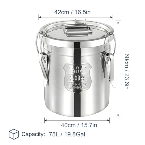 304 Stainless Steel Airtight Storage Bucket with Lid, Food Grade Sealed Canister for Kitchen, Rice, Flour, Grain, Pet Food, Waterproof Camping Storage Container(75L/19.8Gal) - size: 75L/19.8Gal