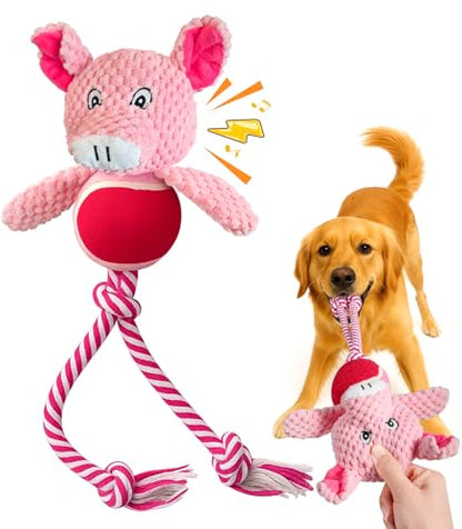 Swooflia Durable Squeaky Dog Toy - Interactive Plush Cute Pig with Rope Legs, Teeth Cleaning Tug Toy for Small Medium and Large Dogs, Puppy Chew Toy for Training and Play - color: Pink