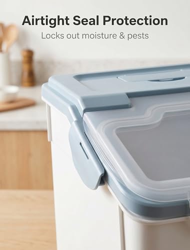 Roadoor Airtight Food Storage Container, 55 lb Flour Storage Bin with Silicone Seal Locking Lid and Wheels, Large Rice Storage Container with Measuring Cup, Pantry Dry Food Pet Food Storage (Blue)