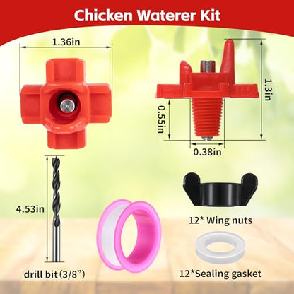 Dreyoo 12 Pcs Horizontal Chicken Waterer Nipples with Drill Bit, Leakproof Chicken Water Nipple, Durable ABS Plastic & Stainless Steel Poultry Watering Nipples for Coop Outdoor Use (Red)