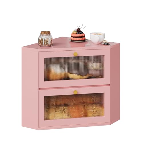 Trironsun Corner Bamboo Bread Box for Kitchen Counter Double Layer Bread Storage Container Large Capacity Bread Storage Bin with Wavy Arcylic Transparent Door (Pink) - color: Pink