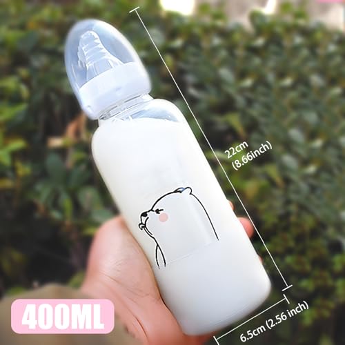 CutiePlusU Adult Glass Feeding Bottle Cute Printed Large Size Baby Bottles White Bear 13.5Oz/400ML - color: White Bear