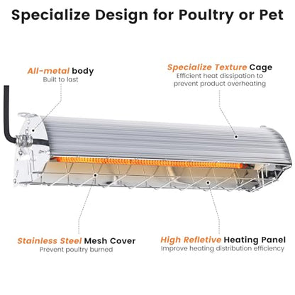 Fanspex 600W Hanging Heater for Poultry Chicken Coop Pet House Livestock Greenhouse, 2 Heating Mode with Adjust Height, 3S Fast Heating