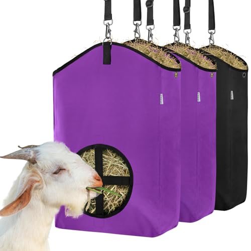 3 Packs Goat Hay Feeder,Hay Bags for Goats,Horses,Sheep,Premium 600D Oxford Cloth,with Metal Fastener and Adjustable Open Feed Hole for Slow Feeding - color: 2Purple + 1Black
