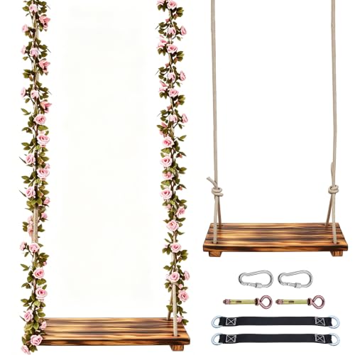 Swing Seat with Floral Garland, for Adults, Indoor and Outdoor | 24"x 8" Large Seat, 500lbs Capacity, Adjustable Rope And Tree Straps Included, Wooden Swing For Patio Garden Balcony