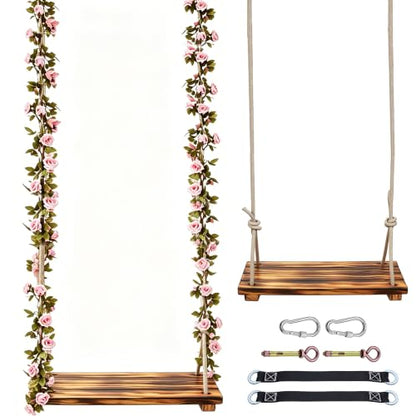 Swing Seat with Floral Garland, for Adults, Indoor and Outdoor | 24"x 8" Large Seat, 500lbs Capacity, Adjustable Rope And Tree Straps Included, Wooden Swing For Patio Garden Balcony