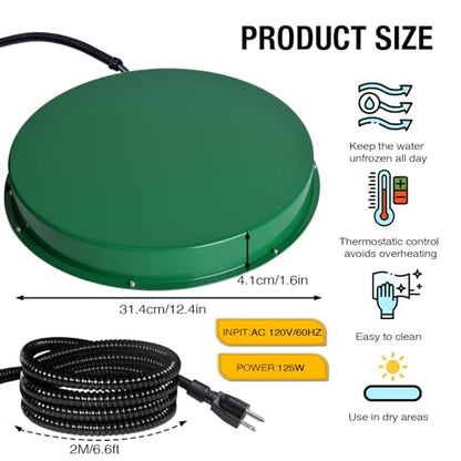 Chicken Water Heater for Winter 12.4", 125W Thermostat Chicken Drinker Heater Base for 3–5 Gal Metal Plastic Poultry Waterer, Water Heater for Chickens Duck with 6.6' Power Cord (Green,2PACK)