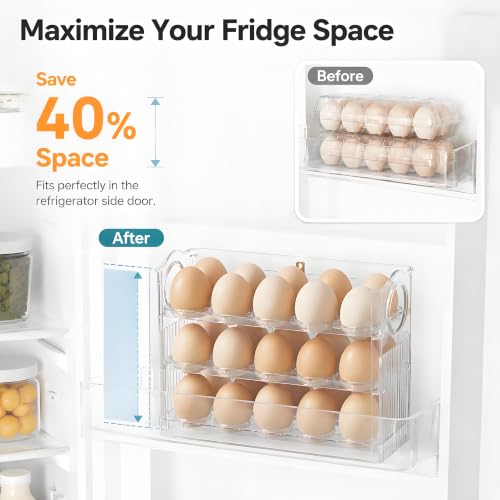 Egg Holder for Fridge, Holds 30 Eggs, 3-Tier Stackable Egg Organizer for Refrigerator with Date Tracker & One-Hand Access, BPA-Free PET Egg Storage Container for Countertop or Fridge, Clear