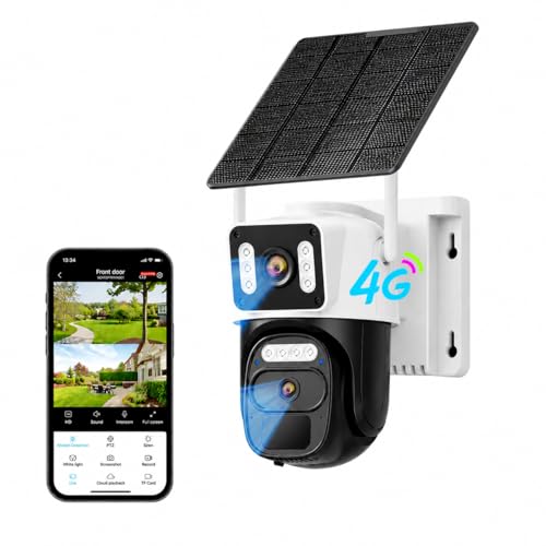 HAWKRAY 4G LTE Outdoor Solar-Powered Cellular Security Camera (Built-in SIM Card, Data Plan Required; No Wi-Fi), Dual Lens, 355° PTZ, Color Night Vision, PIR Motion Detection, Two-Way Audio