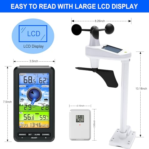 Wireless Weather Station Indoor Outdoor with Remote Sensor, Wind Speed & Direction, Temperature Humidity Monitor, Barometric Pressure, Weather Forecast Display for Home Garden Farm, 328ft Range (No W