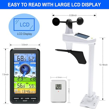 Wireless Weather Station Indoor Outdoor with Remote Sensor, Wind Speed & Direction, Temperature Humidity Monitor, Barometric Pressure, Weather Forecast Display for Home Garden Farm, 328ft Range (No W
