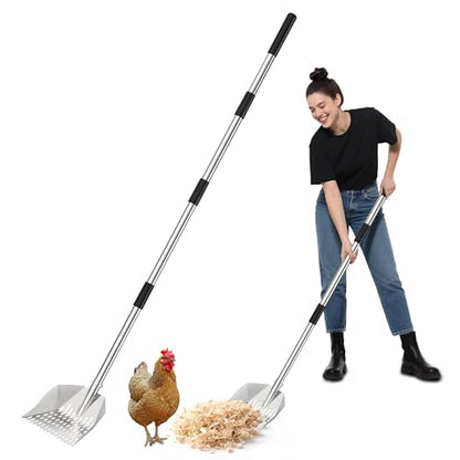 Chicken Poop Scooper: 2-in-1 Rake & Sifter - Silver Chicken Poop Shovel for Sand with Adjustable Stainless Steel Handle (35-59") for Small Spaces