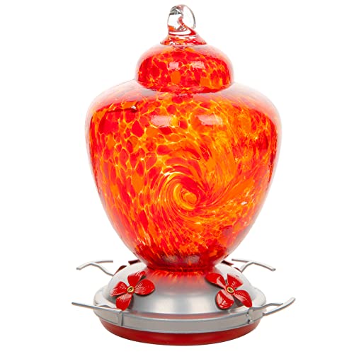 REZIPO Hummingbird Feeder with Perch - Hand Blown Glass - Red - 38 Fluid Ounces Hummingbird Nectar Capacity Include Hanging Wires and Moat Hook - color: Red