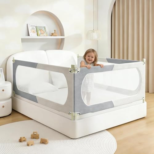 Bed Rail for Toddlers Twin, Full, Queen, King & Cal kingMattress Size | Swing Down Rail Guard | Mattress Side Rail for Kids - color: Gray and White, size: 3 Sides for King Size