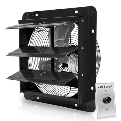 VENTISOL 12'' Exhaust Fan, Wall Mounted Attic Fan with Variable Speed Controller, 1450 CFM, Automatic Shutter, Ventilation and Cooling, Vent Fan for Garages, Shops, Greenhouse, Black - style: 12" with Speed Controller