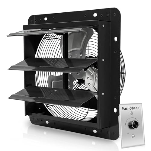 VENTISOL 12'' Exhaust Fan, Wall Mounted Attic Fan with Variable Speed Controller, 1450 CFM, Automatic Shutter, Ventilation and Cooling, Vent Fan for Garages, Shops, Greenhouse, Black - style: 12" with Speed Controller