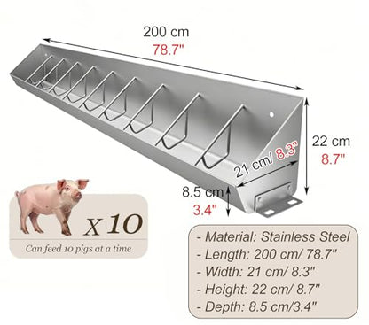 Piglet Feed Trough with 5 8 10 Holes, Hanging Stainless Steel Feed Trough, Large Capacity Livestock Feeder for Cattle Sheds/Pasture(L200cm/78.7"(10 Slots)) - size: L200cm/78.7"(10 Slots)