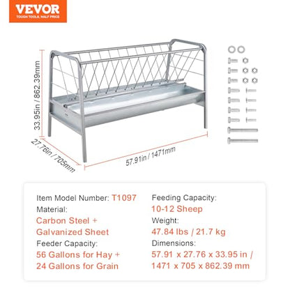 VEVOR 2 in 1 Livestock Hay Feeder, 80-Gallon Capacity, 59" Long Goat Hay Feeder with Deeper Feeding Pan, Heavy Duty Steel for Sheep Farms Sheds
