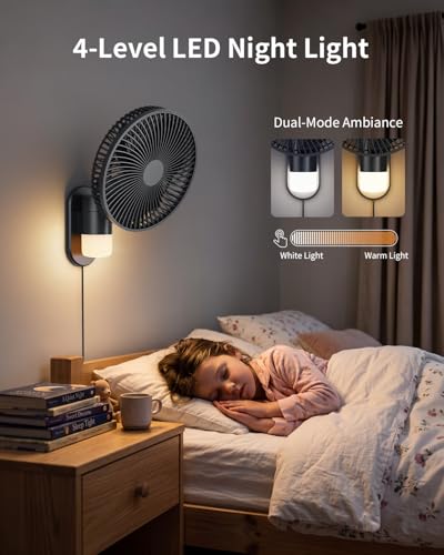10 Inch Wall Mount Fan with Light and Remote Control – 90° Oscillating RV Fan, 4 Speeds Quiet Motor, 180° Manual Tilt, Timer Setting for Bedroom, Dorm, Home Office, Small Spaces