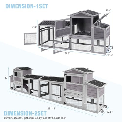 Large Chicken Coop with Run, 80.5’’ Chicken Tractor with Wheels, Wooden Hen House Poultry Cage with Plastic Waterproof Roof and Nesting Box, Leakproof Pull-Out Tray - color: Grey, size: 80.5"L x 21.2"W x 42.5"H